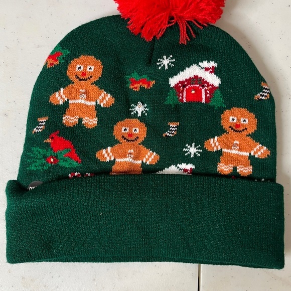 Green Kids Beanie with Red Pom Pom w/ lights - Picture 2 of 3